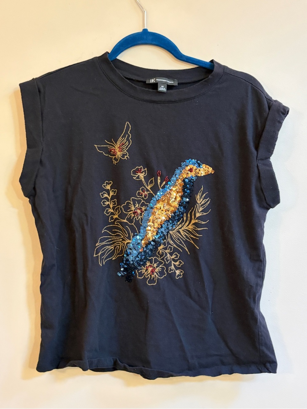 INC International Concepts Rolled Short Sleeve Cotton Bird Butterfly Sequins Top